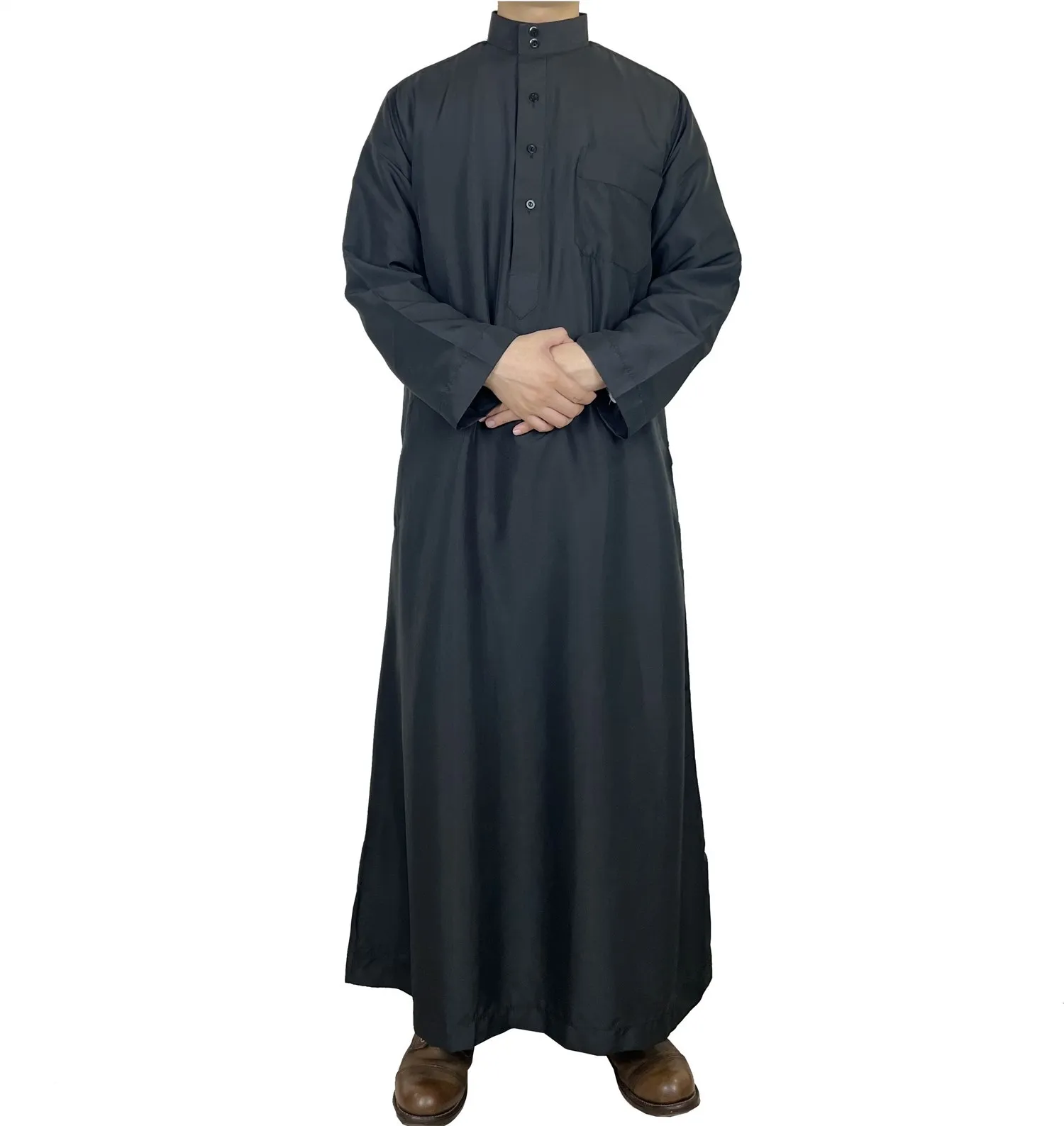 Polyester Muslim Men\'s Robes Qatar Stand Collar Robe Pocket Design Arab Middle Eastern Menswear Muslim Fashion  Arabic