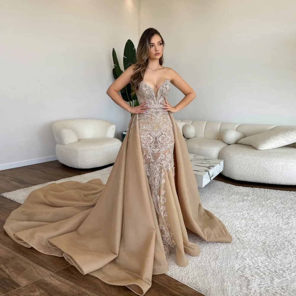 

Champagne Lace Mermaid Prom Dresses With Detachable Train Strapless Beaded Long Evening Gowns Bridal Dress