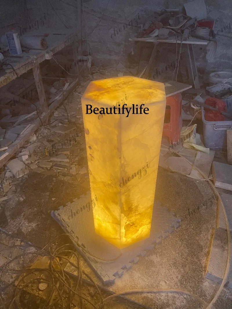 Natural jade marble column living room porch floor lamp light luxury decorative lamp column vase sculpture