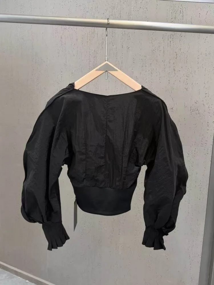 New Summer Chic Office Ladies Slim V Neck Short Shirt New Korean Style Puff Sleeved Tops Womens Solid Color Long Sleeve Shirts