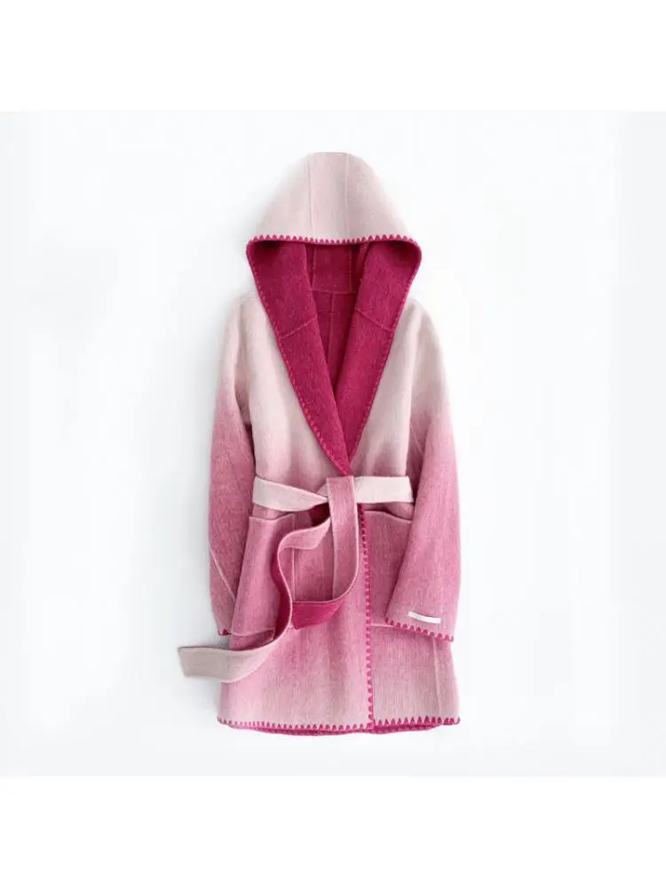 Imagem -04 - Cabolsa de lã Longo para Mulheres Laço Solto com Renda Jaquetas de Rosa Graduada Estilo Roupão Outwear de lã Outono e Inverno 2023 de Alta Qualidade