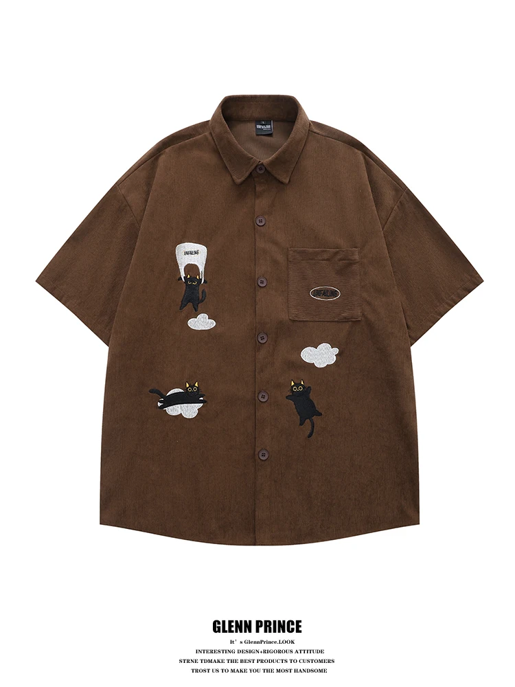 

Мужская рубашка GPstudio в американском ретро-стиле с вышивкой, с коротким рукавом, летняя, свободного кроя, дышащая, из полиэстера