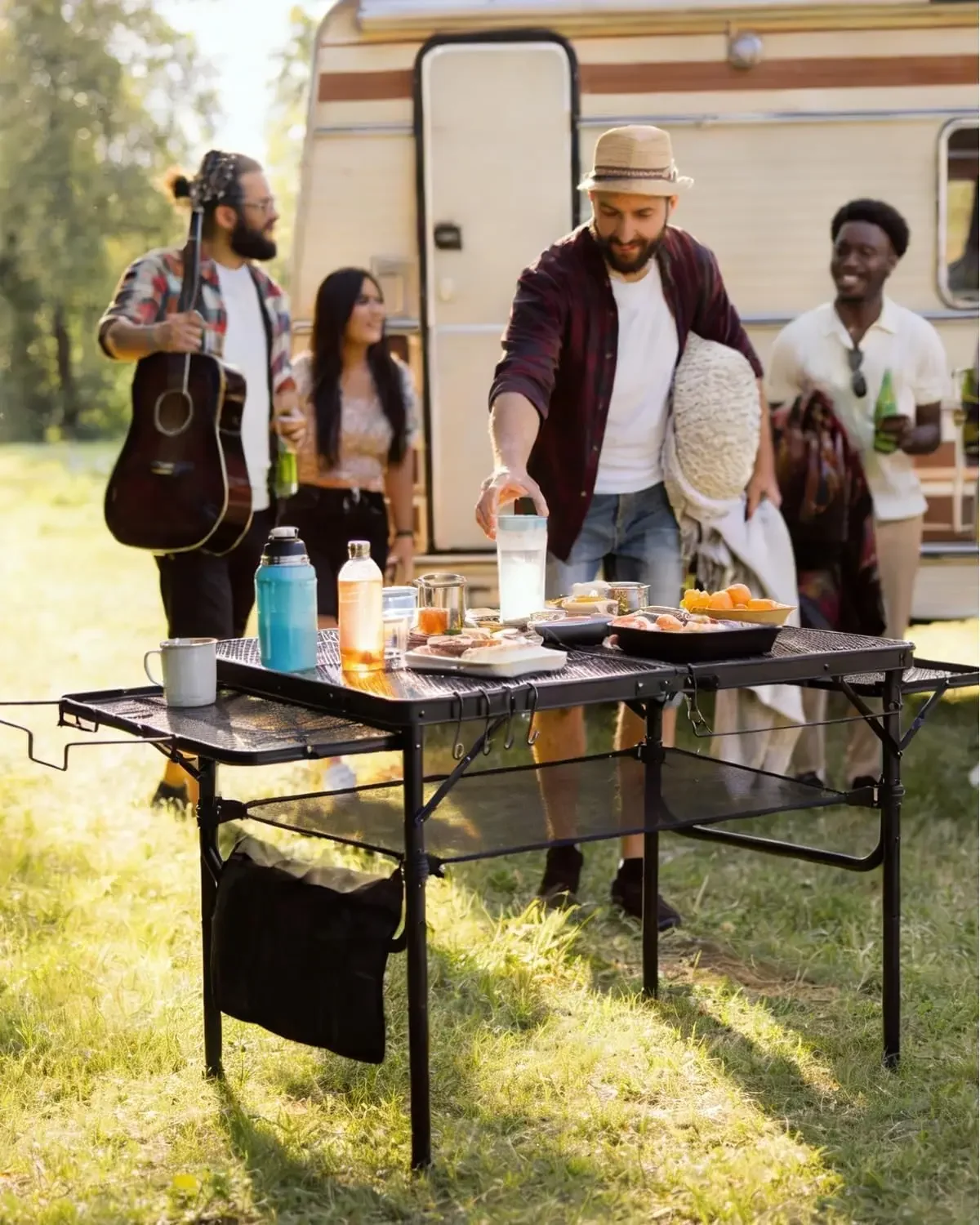 3ft Folding Camping Table with Expandable Wing Panels, Metal Mesh Grill Table with 2 Adjustable Heights, Storage Net, Paper Towel Holder, Hooks and Trash Bag Rack for Outdoor Picnic BBQ Beach