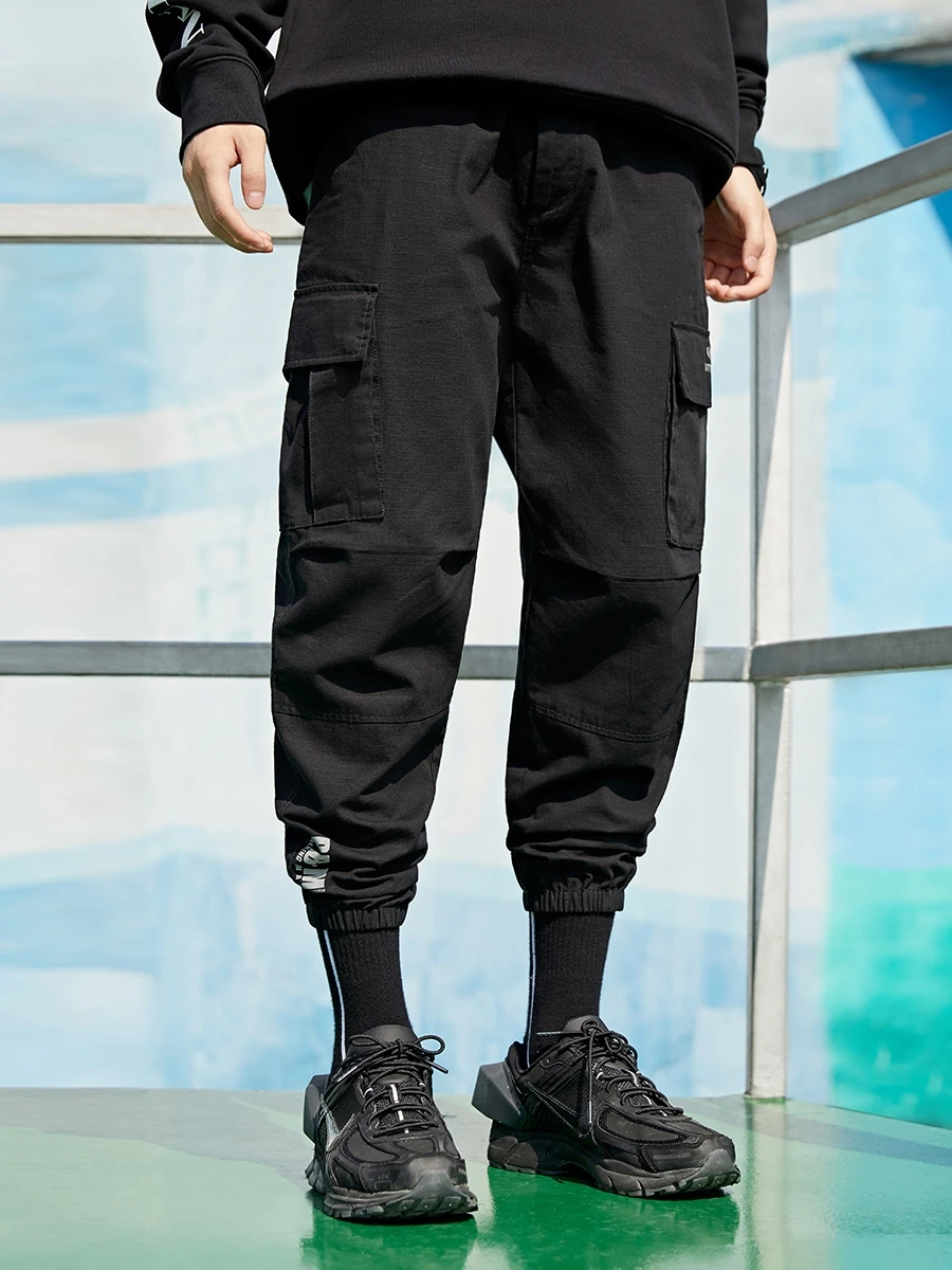 

Spor Casual Bla Workwear Pants with Letter Print Loose Fit Straight Leg Cotton Autumn Men's Faion Trousers A60