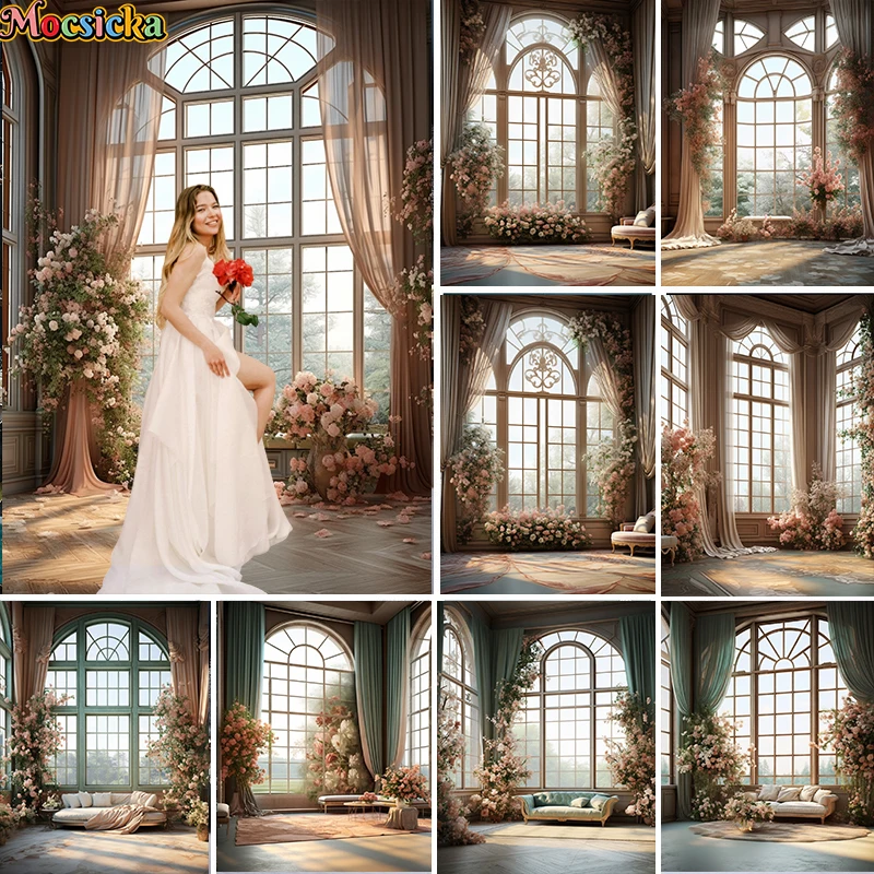 

Mocsicka Photography Backgrounds Vintage Indoor Window Floral Decor Wedding Adult Maternity Portrait Backdrop Photo Studio