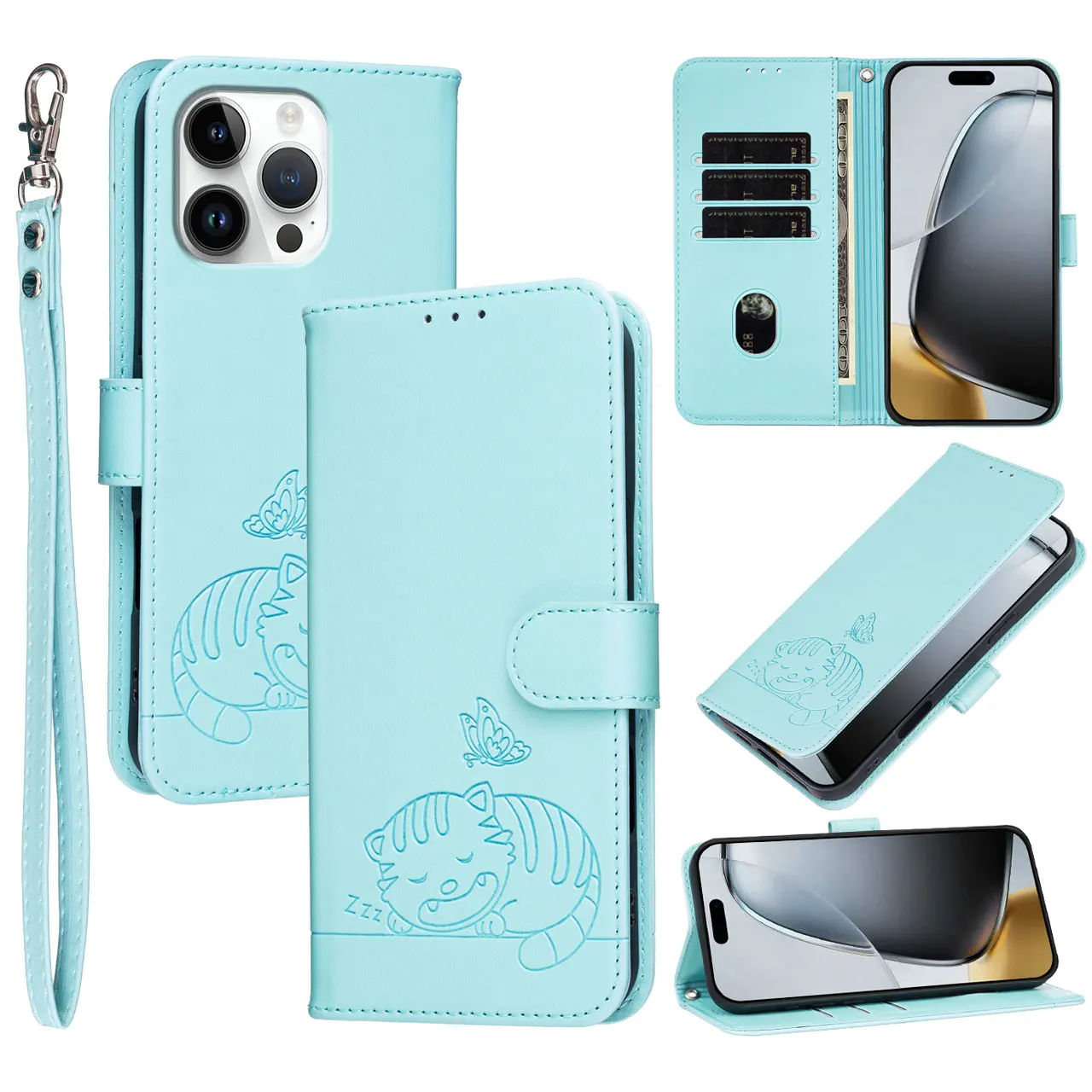 Funda con tapa de gato de dibujos animados para Huawei Mate 70 Air 60 Pro Plus cordón de cuero 3 tarjetas funda tipo billetera para Huawei P Smart Z Plus 2019