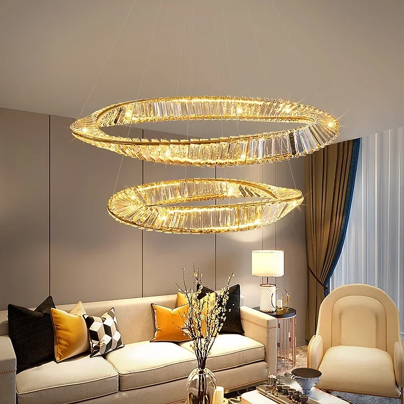 

New Modern LED K9 Crystal Chandelier Irregular Ring Plated Steel Pendant Light Home Decor Fixtures Ceiling Lamps