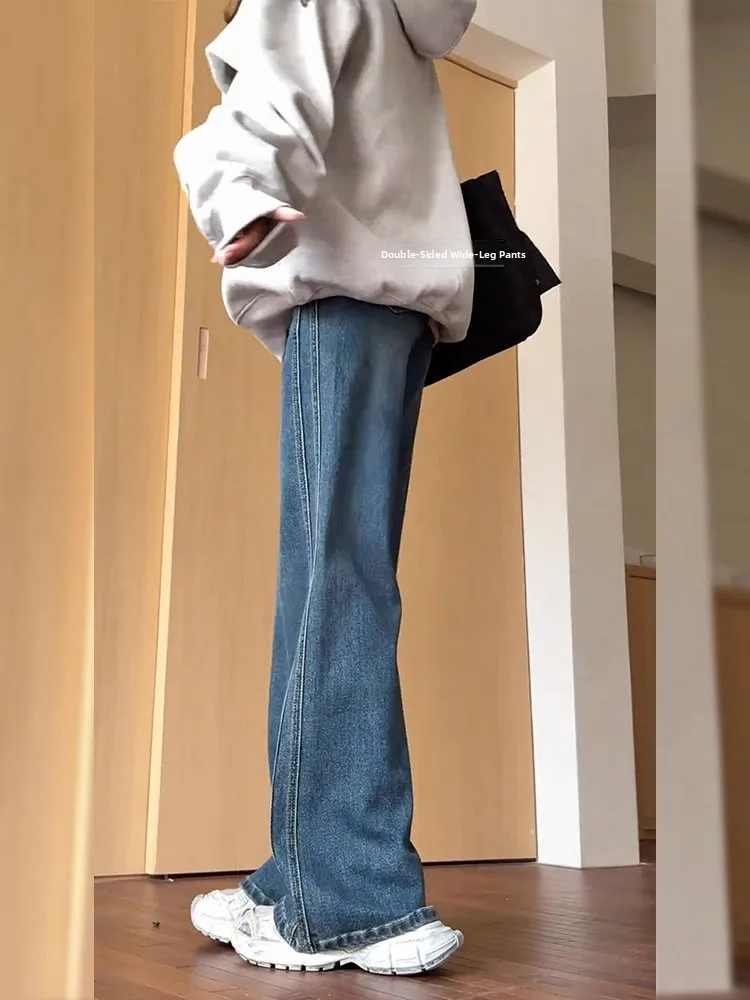 กางเกงยีนส์ทรงตรงเอวสูงสำหรับผู้หญิง รุ่นใหม่ประจำฤดูใบไม้ร่วง ไซส์พลัส ช่วยกระชับสัดส่วน ทรงกางเกงขากว้างไซส์เล็ก