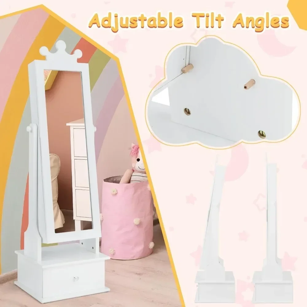 Kids Jewelry Armoire Cabinet, 2-Angle Tilting Wooden Standing Jewelry Organizer with Full-length Mirror and Storage Drawers