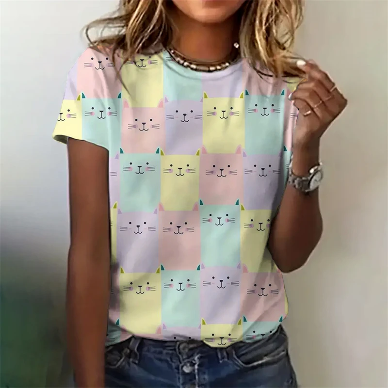

Cute Cartoon Cat Print T-shirt Unisex Leisure Daily Loose Anime Short Sleeve T Shirts Summer Women Fashion Breathable Tee Shirt