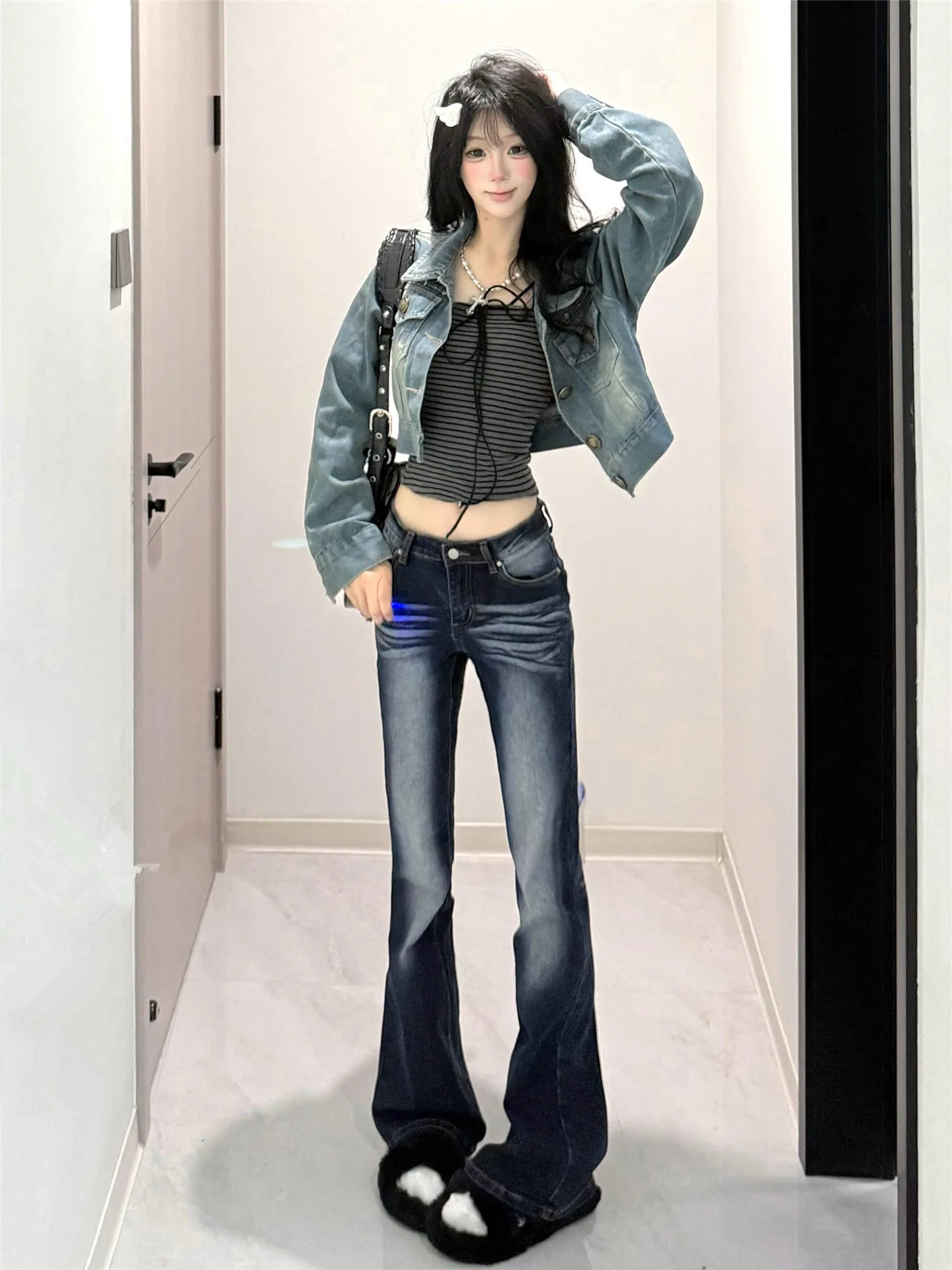 

Extended Vintage Low Waist Bell Bottom Jeans Women's Slimming American Style High Rise Denim Pants Casual Cotton Stretch