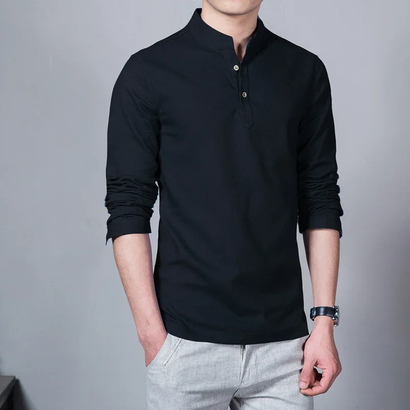 Men\'s Clothing  Men Spring Tops & Tees Male Fashion T-Shirts Stand Collar Long-sleeved Slim Base Shirt Homme Linen t-shirt