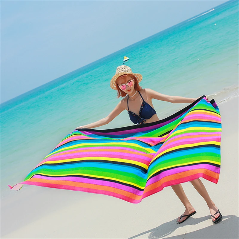 Blue Stripe Women Thick Bath Towel Microfiber Fashion Quick-drying Beach Swimming Wrap Towel Big Size 180x100cm Adult Towels