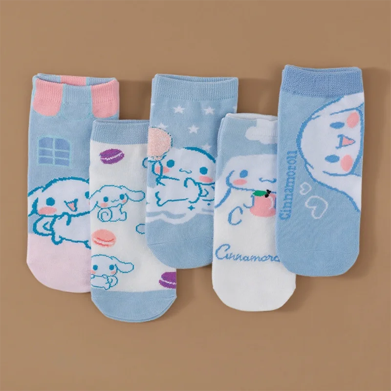 

5 Pairs Sanrio Cinnamoroll Short Socks Cute New Style Girls Socks Fashion Cotton Comfortable Plaid Pattern Women's Socks