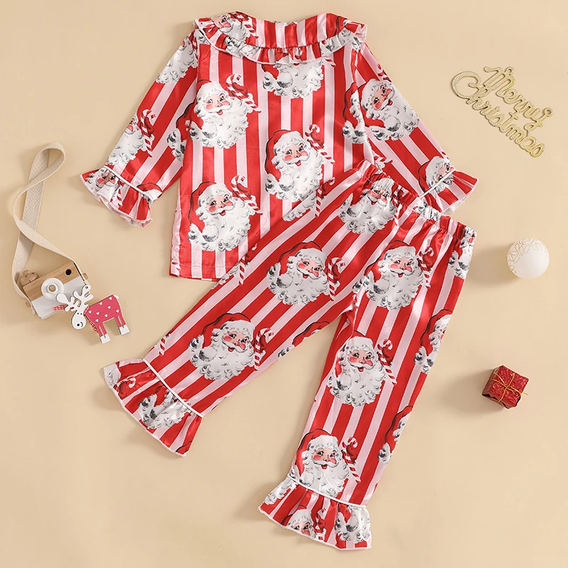 Little Girl Christmas Pajama Sets Santa Striped Doll Collar Button-up Tops Long Pant Ruffled Loungewear Set