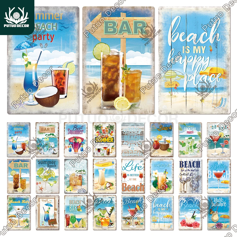 

Putuo Decor Summer Beach Vintage Plaque Metal Cocktail Tin Sign Wall Art Decoration Bar Pub Seaside Room House Iron Painting