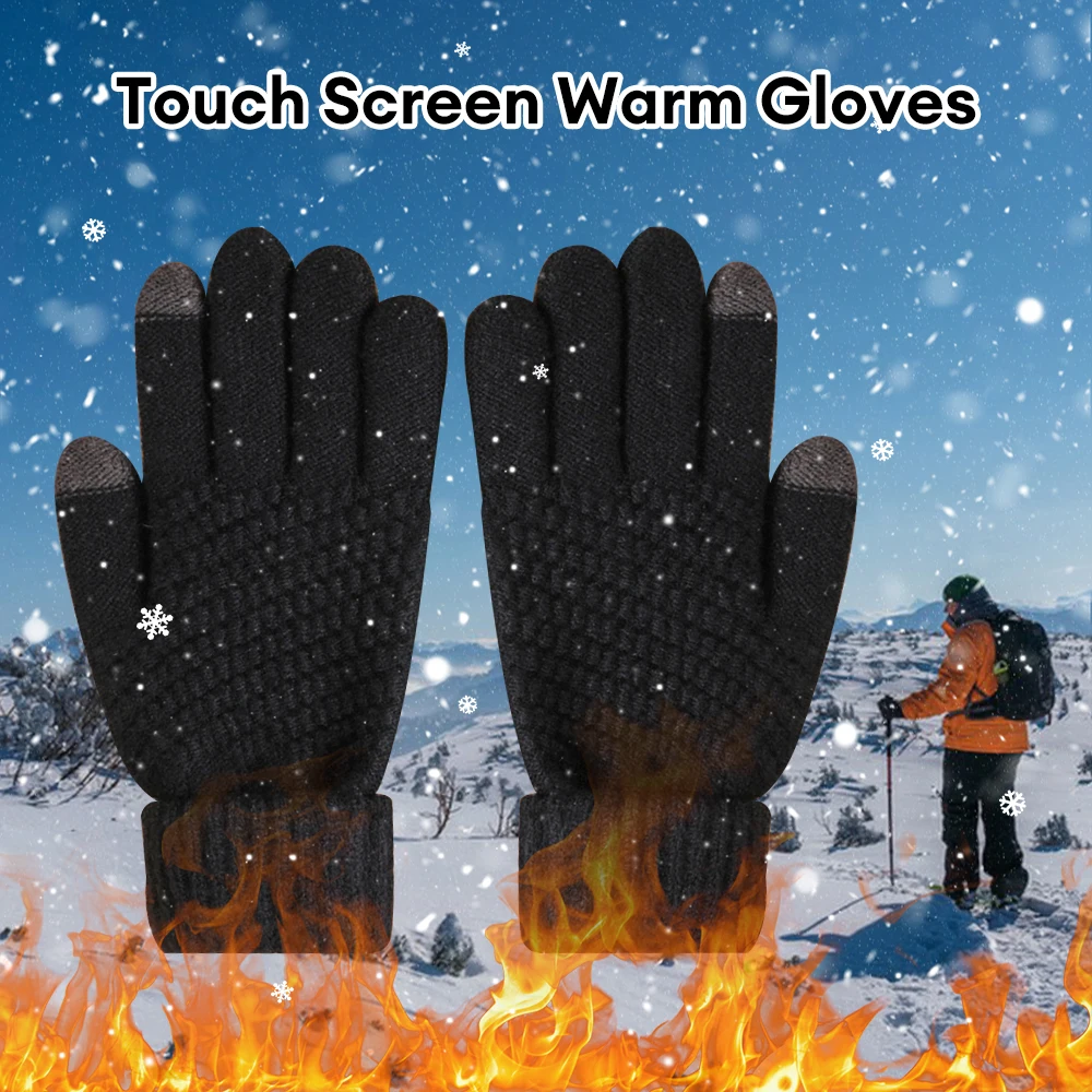 Winter Men Knitted Gloves Warm Full Fingers Touch Screen Anti-Slip Gloves for Cycling Running Driving Hiking Camping Work Mitten