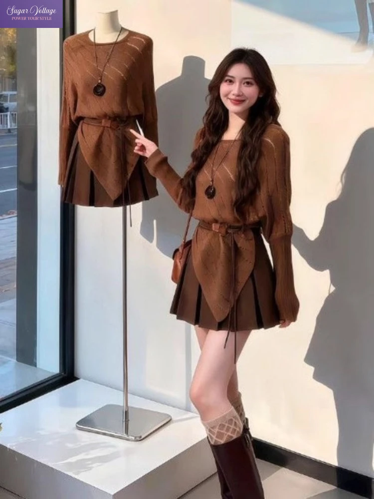 

Корейский модный элегантный комплект из 2 предметов, женский тонкий вязаный топ + плиссированная мини-юбка с высокой талией, французский повседневный однотонный шикарный наряд