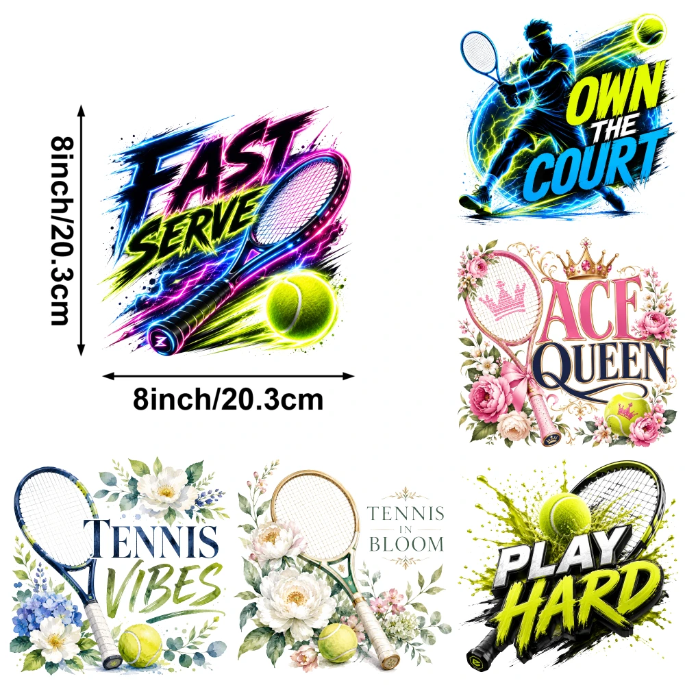6 Pcs Tennis Vibes Ace Queen Fast Serve Tennis In Bloom Play Hard Own The Court Iron on Transfers Hoodie DIY Crafts