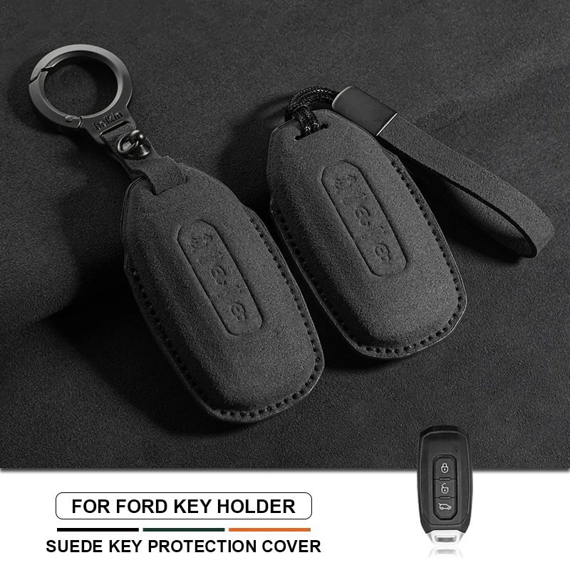 Suede Leather Car Smart Remote Key Case Cover Case For Ford Territory EV Bag Shell Holder Protector Key Chain Auto Accessories