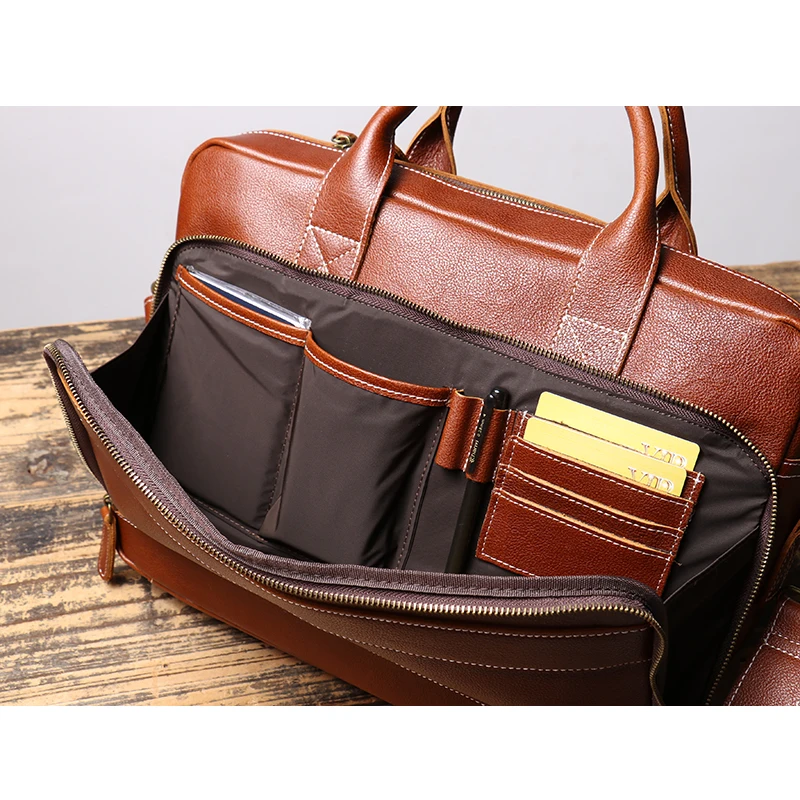 Leathfocus Vintage Briefcase Head Layer Cowhide Male Handbag Work Office Crossbody 14 inch Laptop Bag Casual Men's Shoulder Bag