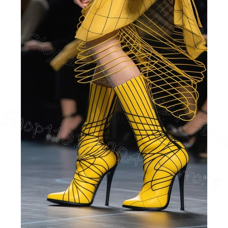 

Black Stripe Design Yellow Pointed Toe Boots Side Zipper Women Shoes Thin High Heels Novel Party Runway 2025 Zapatos Para Mujere