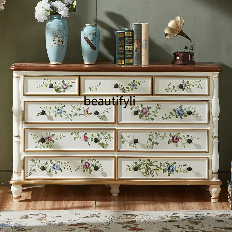 zq Furniture American-Style Chest of Drawers Bedroom Vintage Painted Locker Storage Cabinet Solid Wood Chest of Drawers