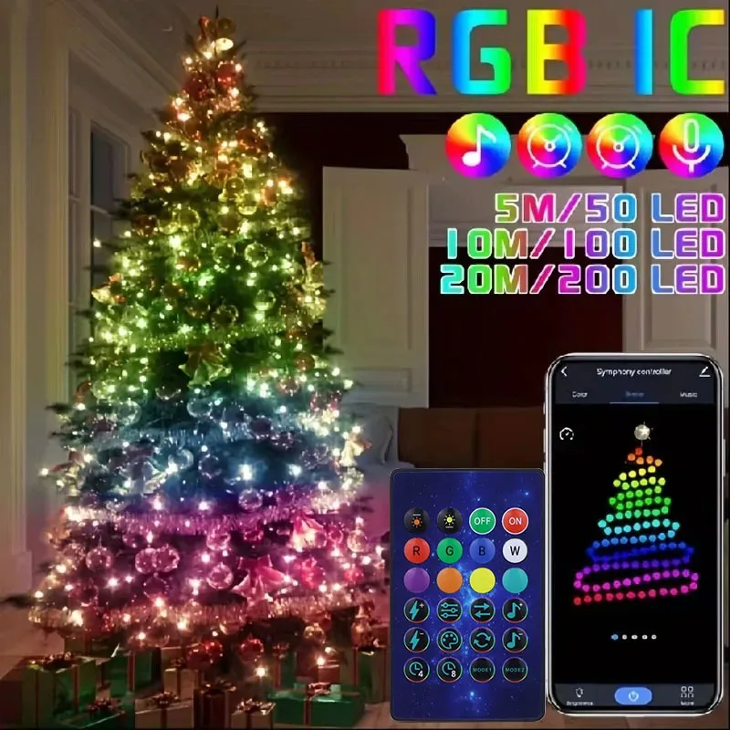 WS2812B RGB LED String 20m 10m 5m DIY Smart IC APP Bluetooth Remote Fairy Lights Dreamcolor Garden Party Christmas Wedding Decor