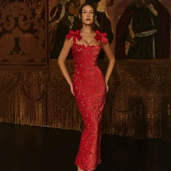 Oligai New Year Women‘s Red Evening Dress Mid-Length Elegant Floral Christmas Dress with Bow Straps Cocktail Party Gown Dress