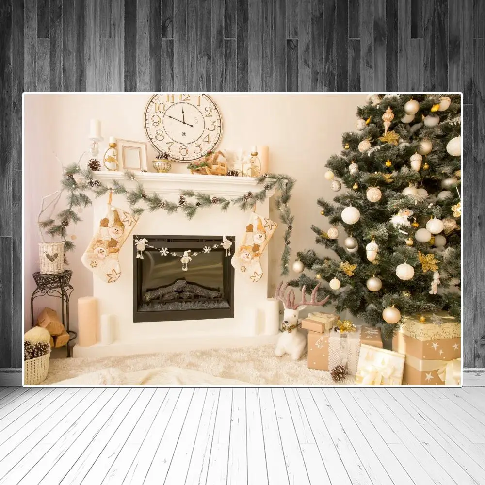 Christmas Tree Gift Socks Fireplace Clock Interior Photography Backgrounds Custom Baby Party Decoration Photo Booth Backdrops