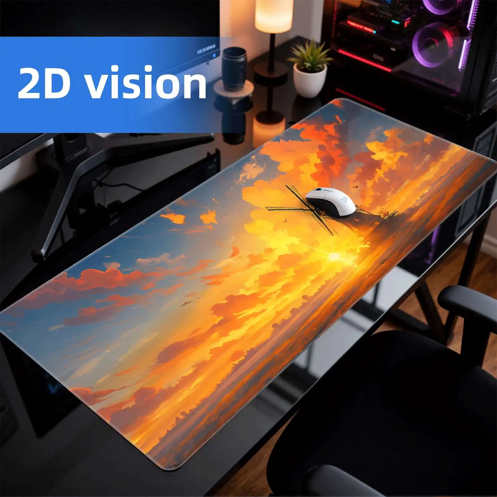 Sunset Windmill Gaming Mouse Pad XXL Extra Large Non-Slip Rubber Desk Mat for PC Gaming Office