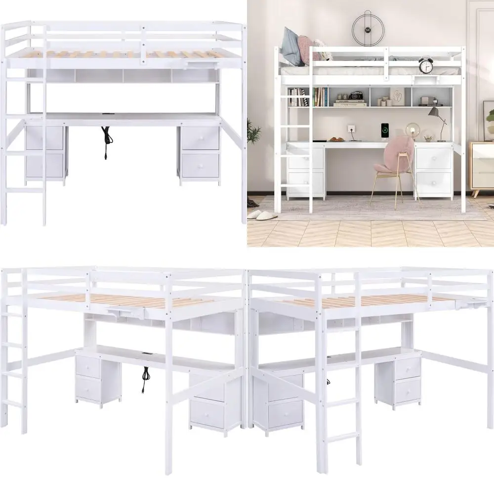 

Белая деревянная кровать-чердак со столом, местом для хранения и зарядной станцией для детей и подростков