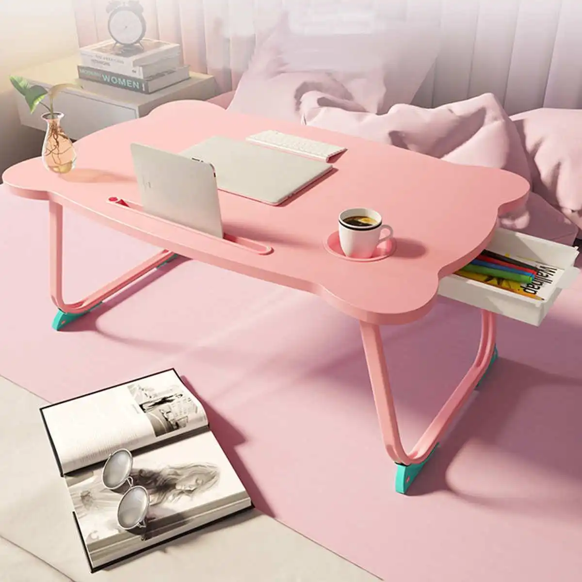 Pink Portable Folding Laptop Stand Holder Study Table Desk Wooden Foldable Computer Desk for Bed Sofa Tea Serving Table