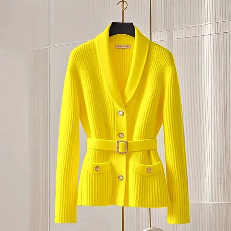 

2025 NEW Spring Autumn Fashion Knitted Sweater Women‘s Cardigan Coat Top Coat V Collar Knitwear Match Belt Jacket Female