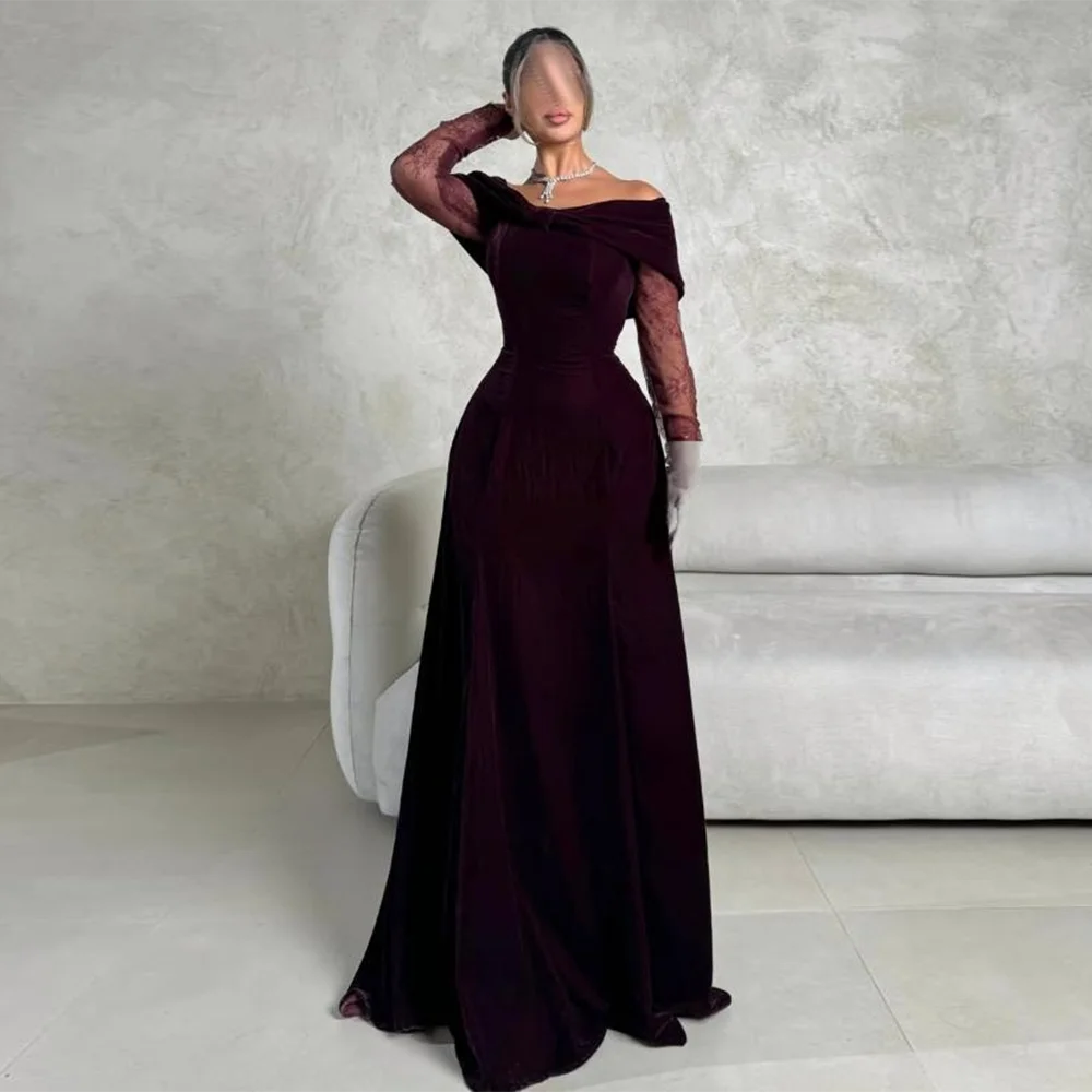 

Customized V-neck Evening Dresses Lace Full Sleeve Backless Floor-Length Long Prom Gown Classic velvet A-Line Party Dress