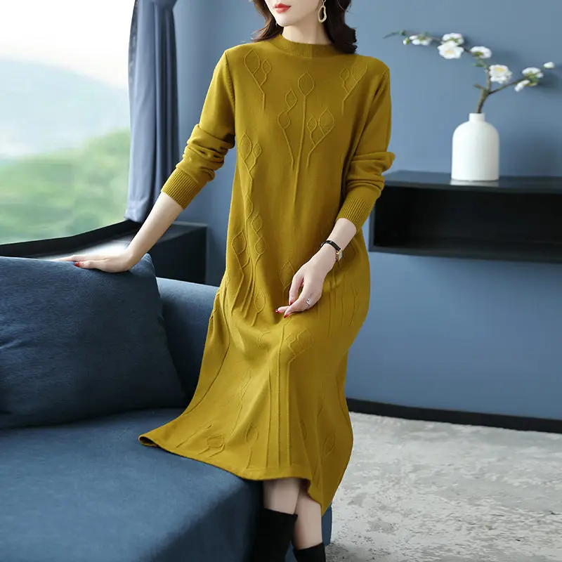 

Large Size Loose Solid Half High Neck Knit Dress Long Autumn/Winter New Underlay Sweater Dress Fashion Base Knitwear Z4037
