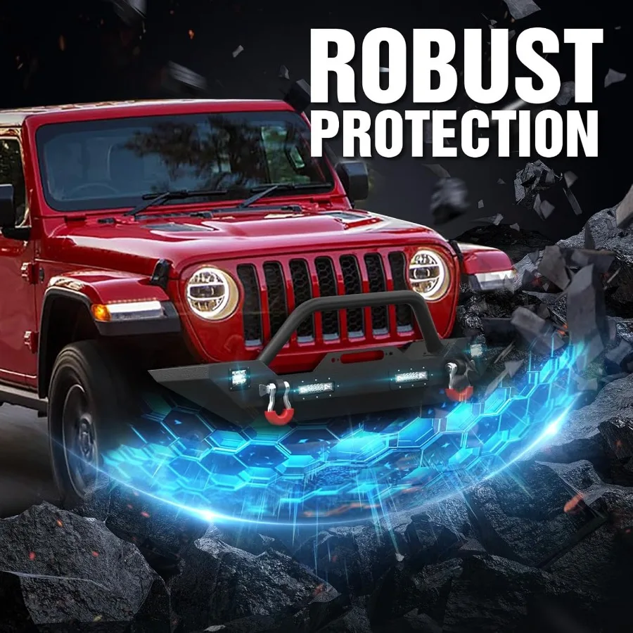 المصد الأمامي لموديلات Wrangler JK JKU JL JLU Gladiator JT 2007-2026 مع لوحة ونش LED أضواء شريط الثور وحلقات D المتوافقة #6