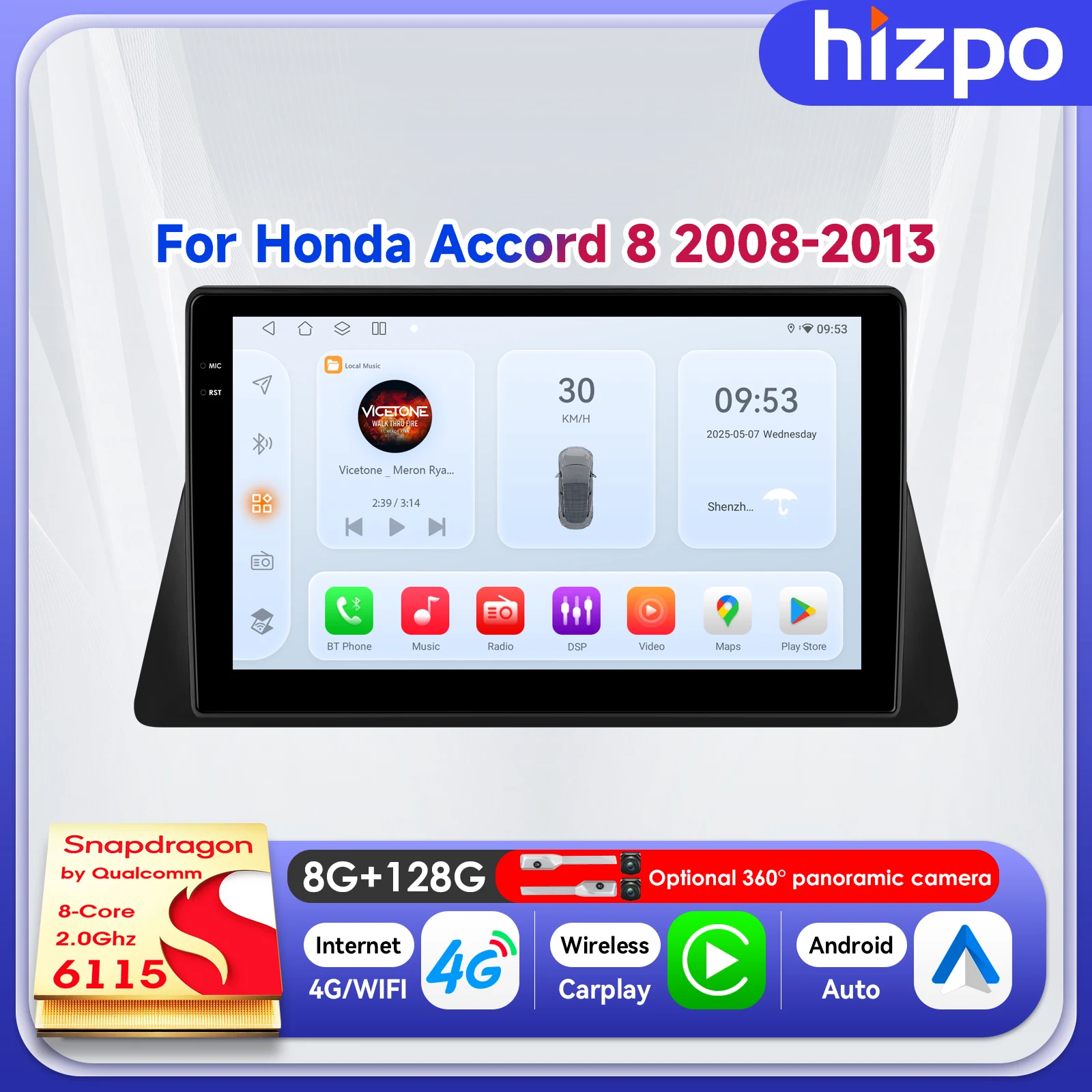 

Hizpo 10.1" Android System Auto Radio For Honda ACCORD 8 2008 2009 2010 2011 2012 2013 QLED Screen Multimedia 4G Wifi SWC BT AI