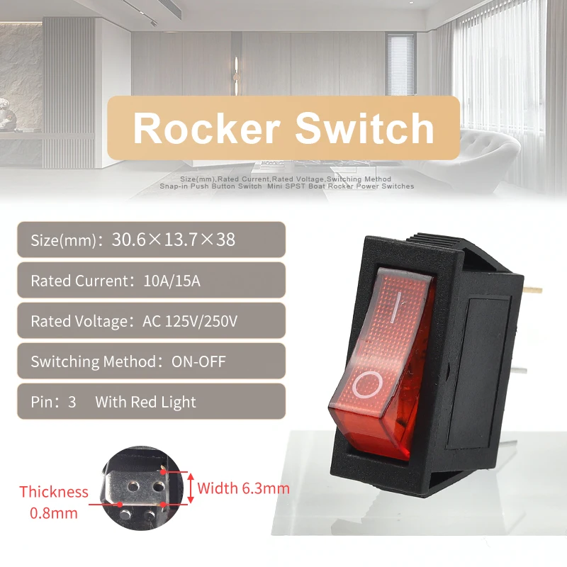 Sakelar Rocker KCD3, peralatan listrik 2/3 Pin ON-OFF 31mm * 14mm dengan sakelar daya ringan 10A 250V AC 15A 125V AC 10 buah