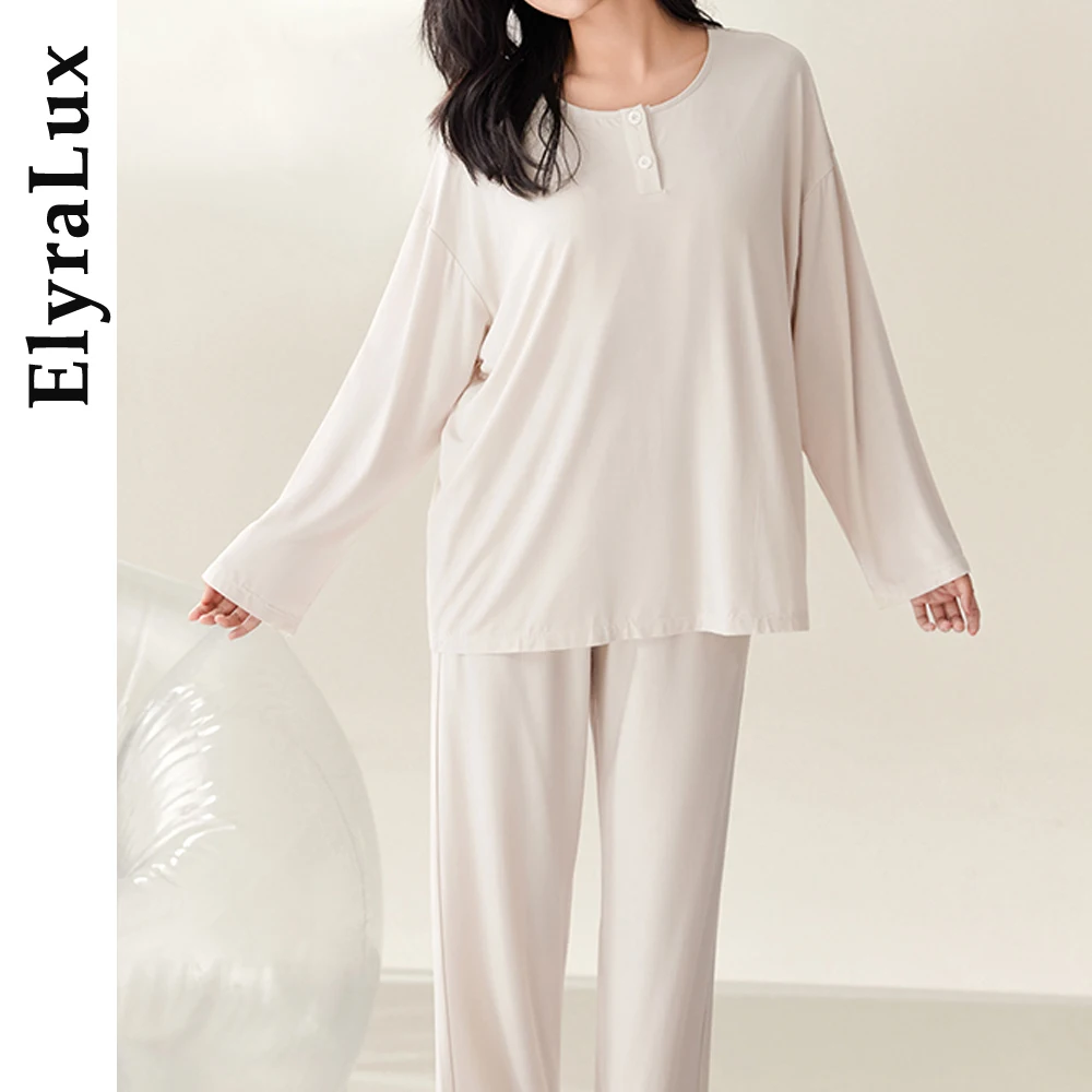

ElyraLux Women’s Soft Modal Lounge Pajama Set Long Sleeve Relax Fit Sleepwear Simple Minimalist Homewear for Winter Autumn