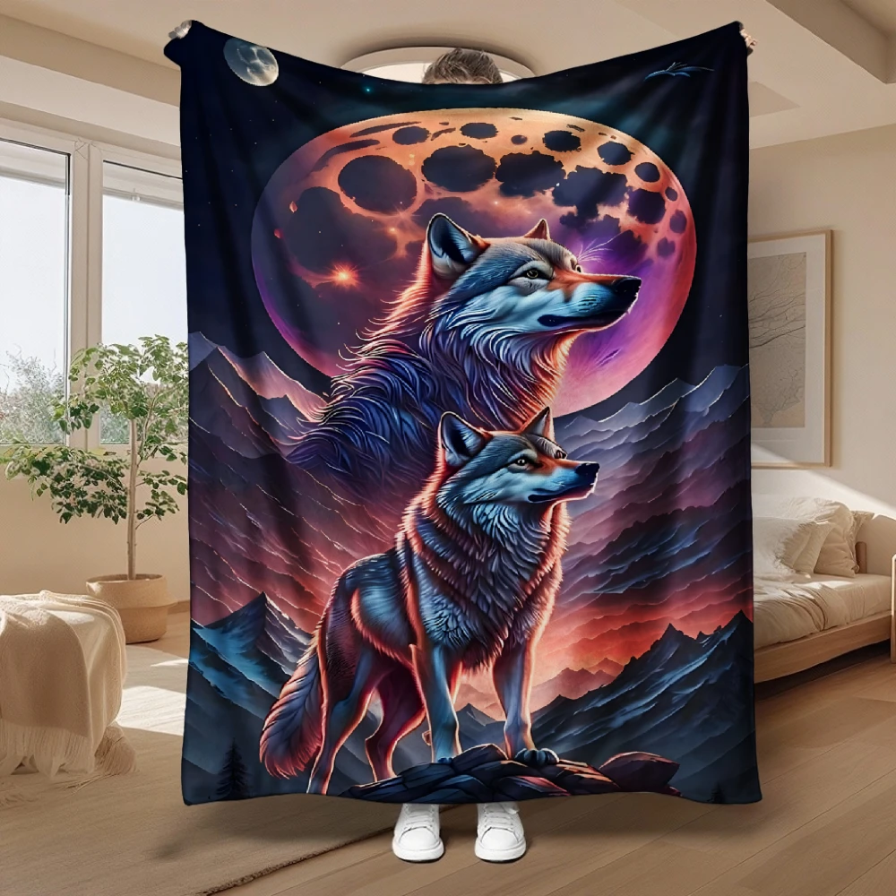 Majestic Celestial Wolf Pair Full Moon Tapestry Throw Blanket Cozy Aesthetic Boho Wall Decor Modern Cosmic Bedroom Home Gifts