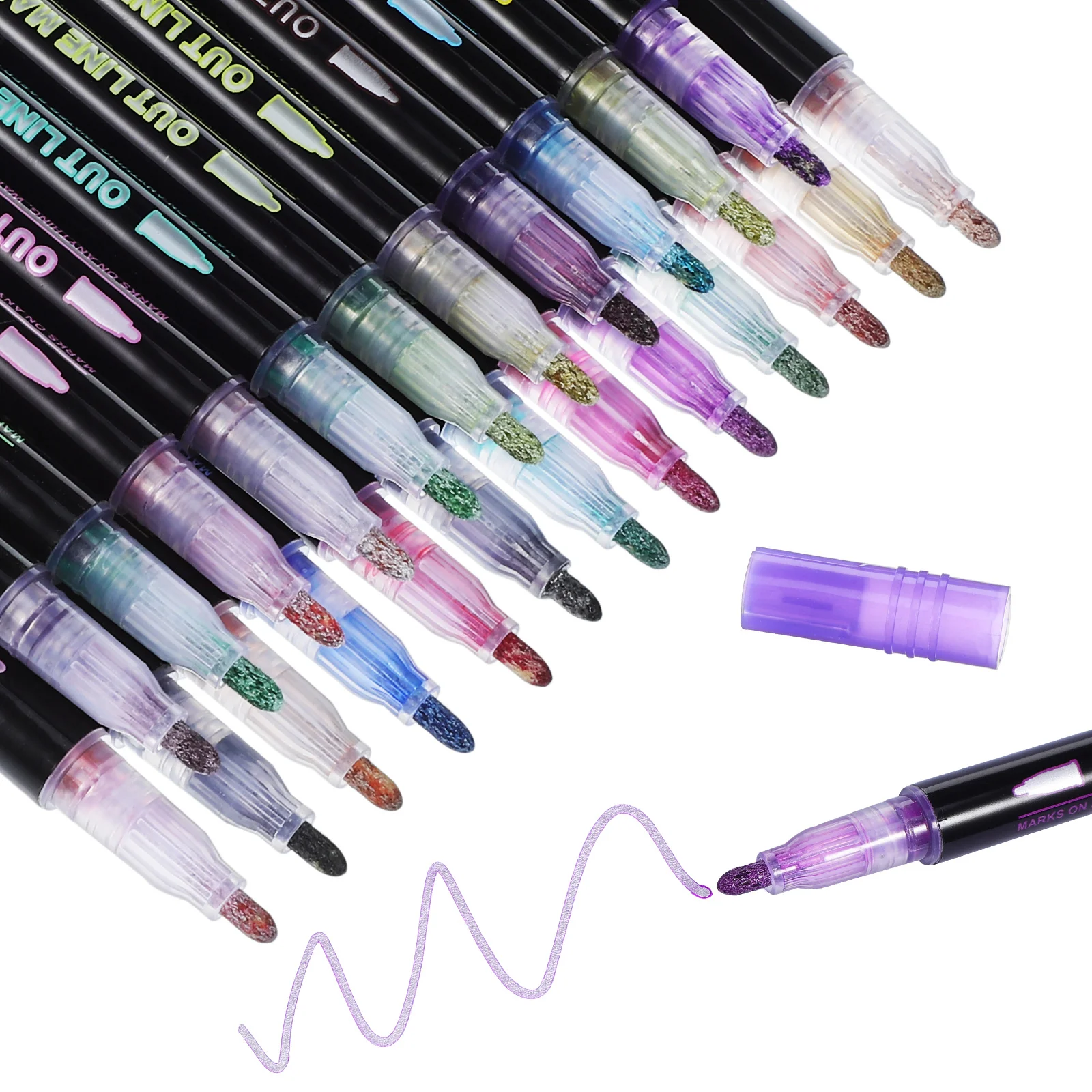 

24Pcs Painting Markers with Glitter Shine Broad Color Range for Note Taking Calligraphy Art Projects Outline Coloring Pen Kit