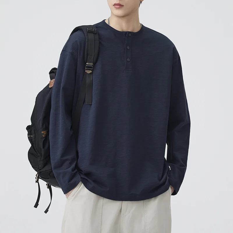 Bamboo-knit Pure Cotton T-shirt 2026 New Fashion Long-sleeved T Shirts Men's American Vintage Large Size Henley Collar Innerwear