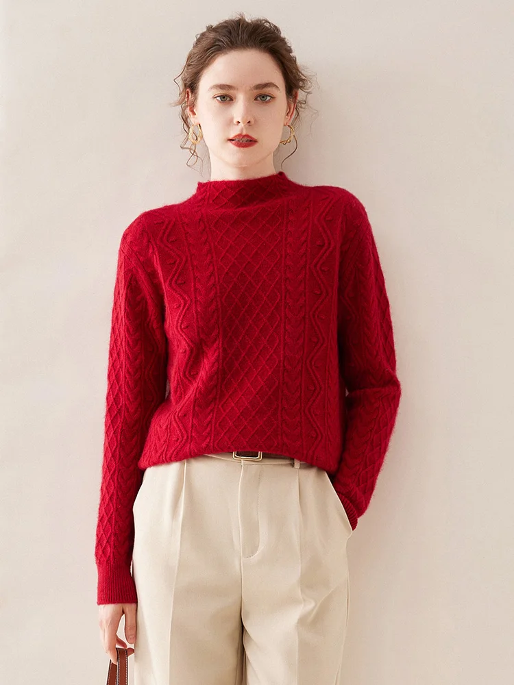 Aliselect  Fashion Thick Autumn Winter 100% Cashmere Sweater Women Pullover Mock Neck Sweater Warm Knitted Twisted Tops Clothing