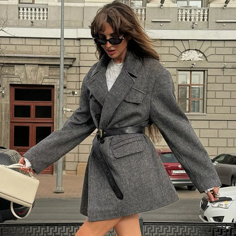 Tornova Lapel Overcoat Commuting Jacket Women's Double Breasted Streetwear Plaid Long Sleeve Coat 2025 Autumn Winter Fashion