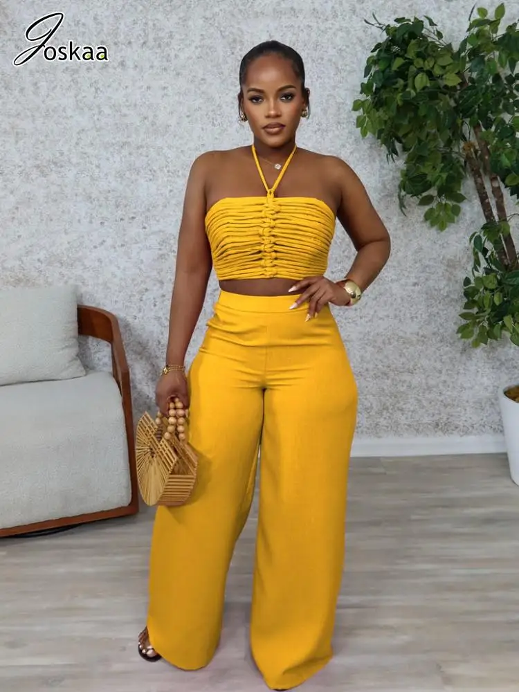 

Joskaa 2025 Women 2 Piece Sets Sexy Strapless Ruched Halter Tops+High Waist Side Zip Wide Leg Pants Suits Tracksuits Streetwear