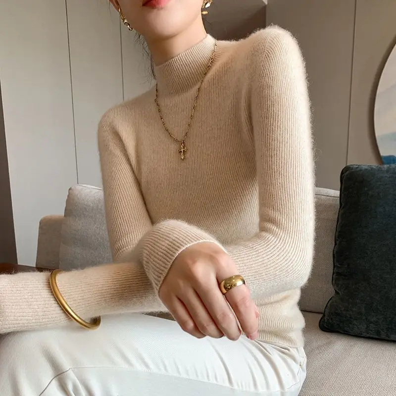 

Women Autumn and Winter New Half-turtleneck Knit Sweater Solid Color Warm Cultivation Versatile Long Sleeves Bottom Shirt