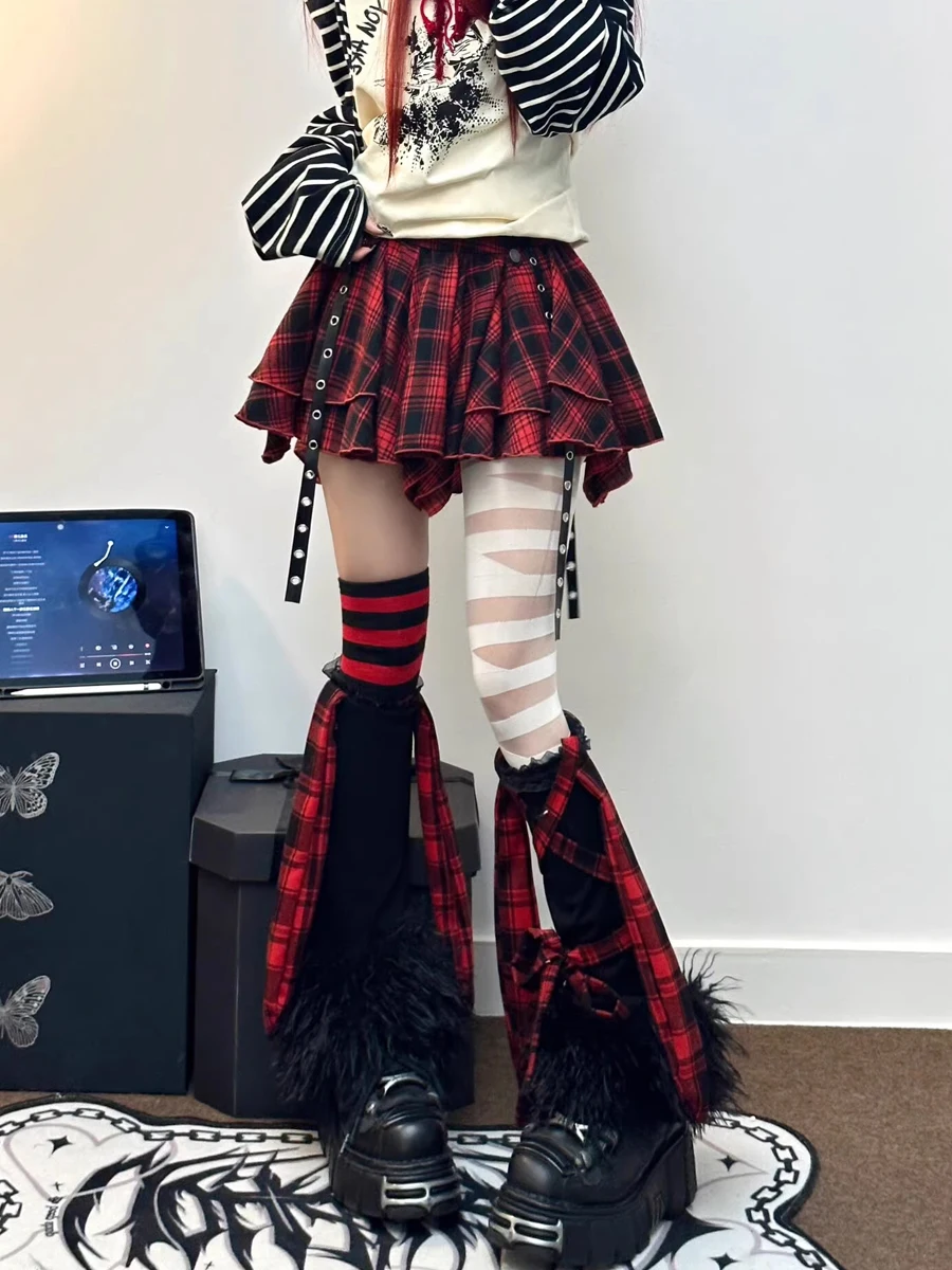 Asian Culture Punk Irregular Red Plaid Short Skirt Rock Y2K Hot Girl PU Belt High Waist Ruffled Cake Mini Skirts Women Summer