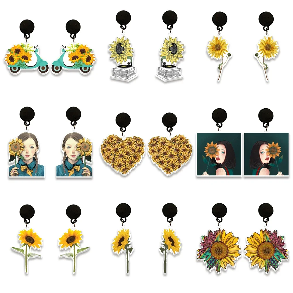 Golden Sunflower Flower Earrings Acrylic Pendant Earrings Round Print Pattern Earrings Cartoon Girl Character Stud Earrings