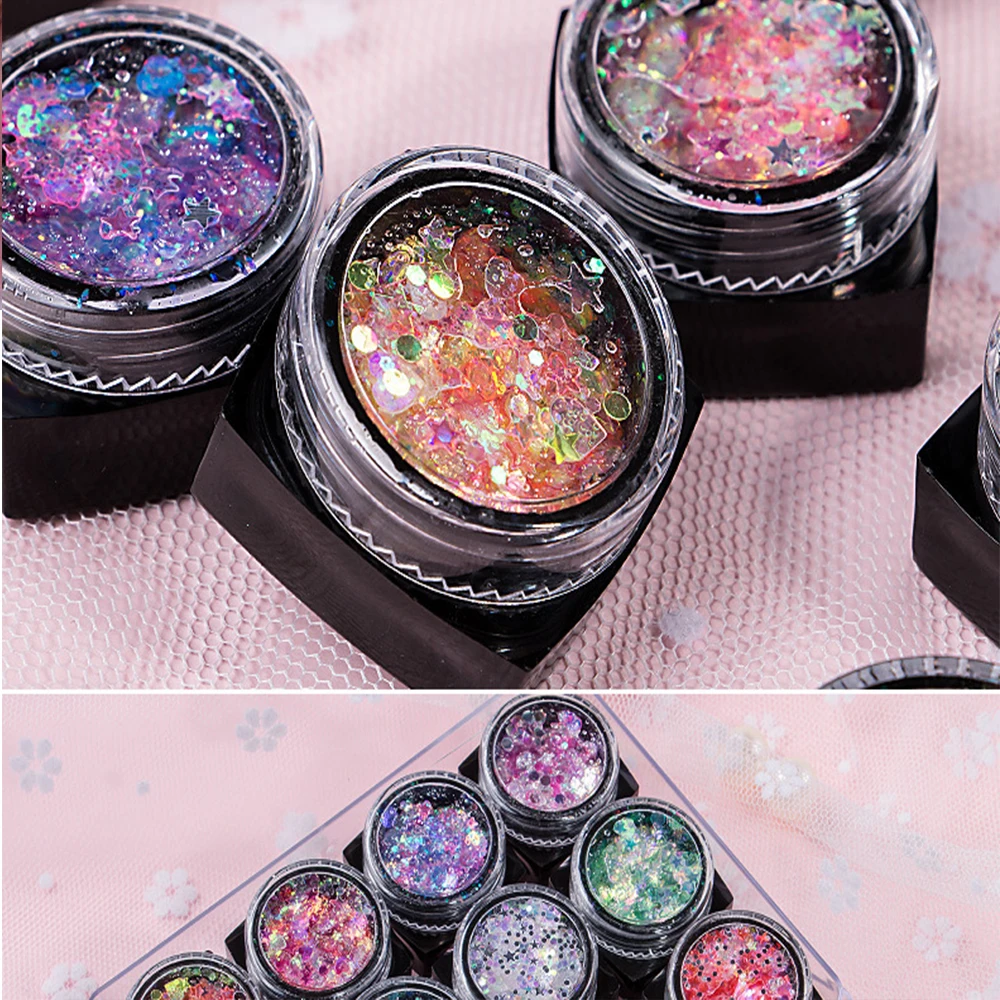 12 Uds cara/sombra de ojos brillo lentejuelas Gel holográfico brillante grueso mezclado estrella/luna/hexágono maquillaje brillo Gel para Festival/fiesta